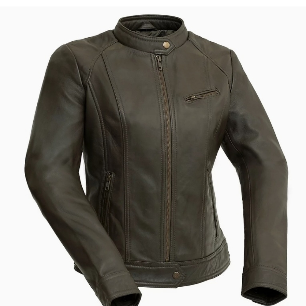 Plus Size New Genuine Leather Olive Moto Jacket